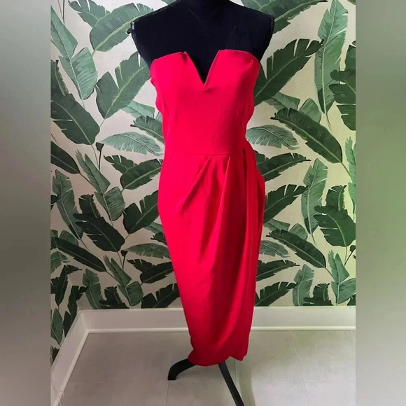 Boutique Scobe Red Strapless Plunge Neck Front Slit midi dress size L - Picture 2 of 5